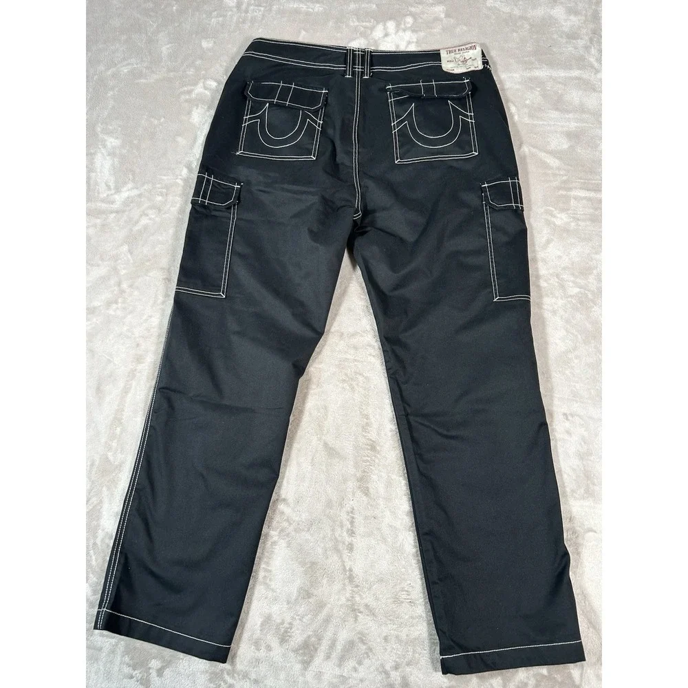 True Religion Bobby Baggy Cargo Pants Mens 38x32 Black Contrast Stitch Y2K VTG